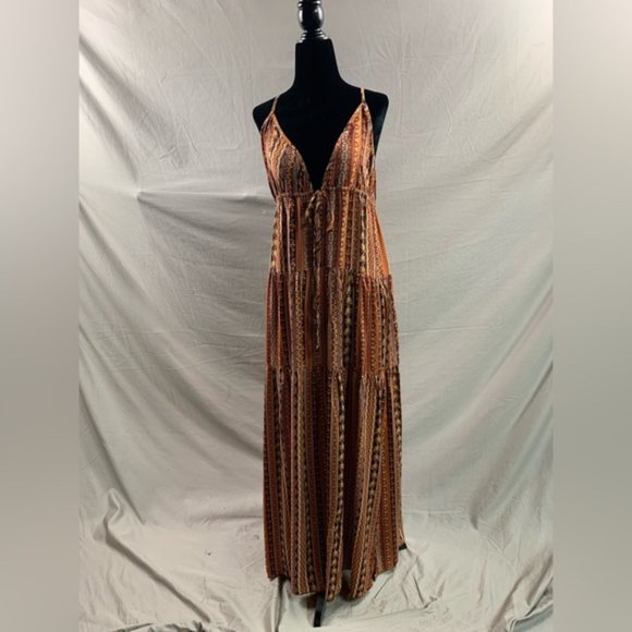 Boho Rust Tribal Print Split Thigh Tie Backless Dress - Picture 9 of 11